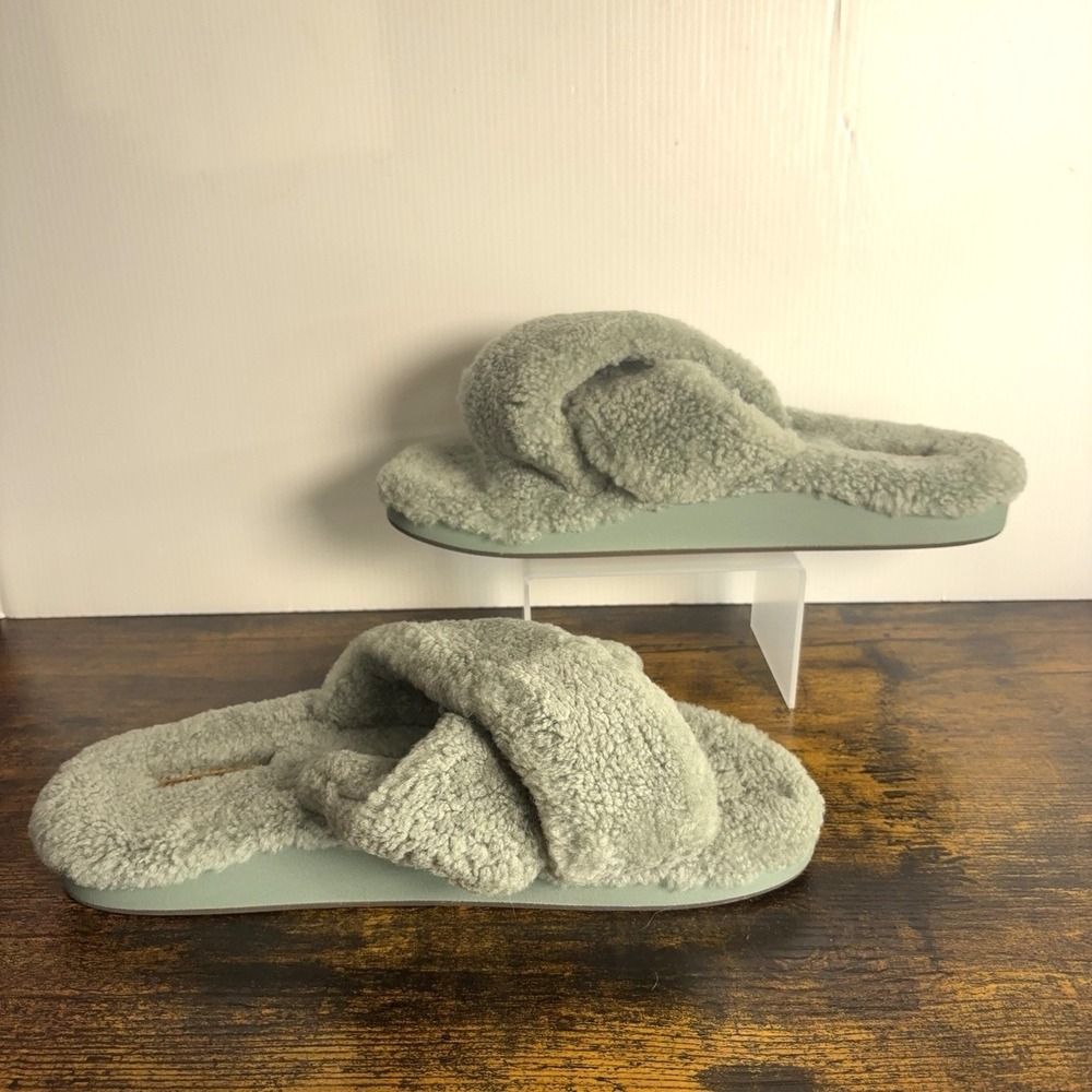 Olukai Hila Heu Wool Shearling Slippers Womens Sz 11 Muted Green Cozy Comfort - Picture 2 of 9